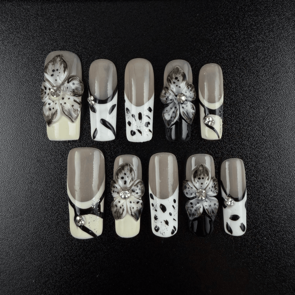 02 - Noah-UlightLong square French tip press on nails with 3D floral charms
