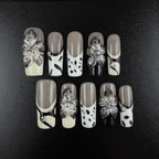 02 - Noah-UlightLong square French tip press on nails with 3D floral charms