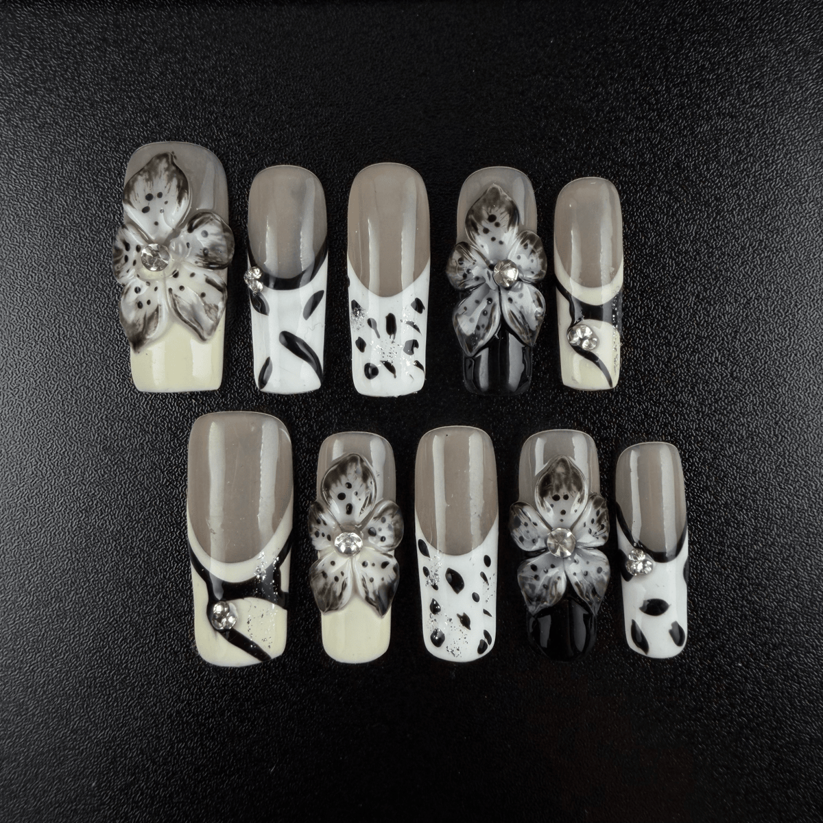 02 - Noah-UlightLong square French tip press on nails with 3D floral charms