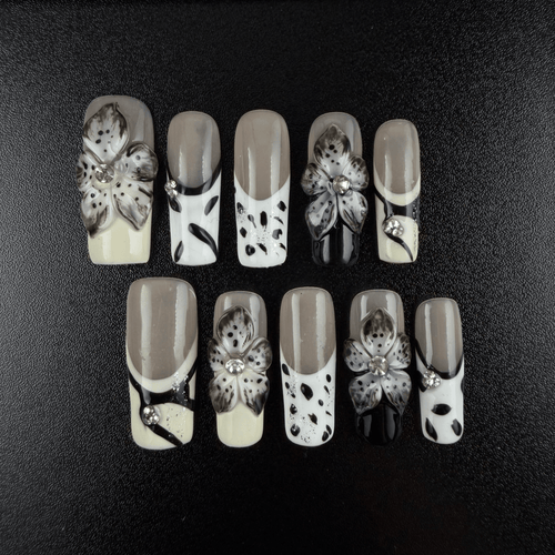 02 - Noah-UlightLong square French tip press on nails with 3D floral charms