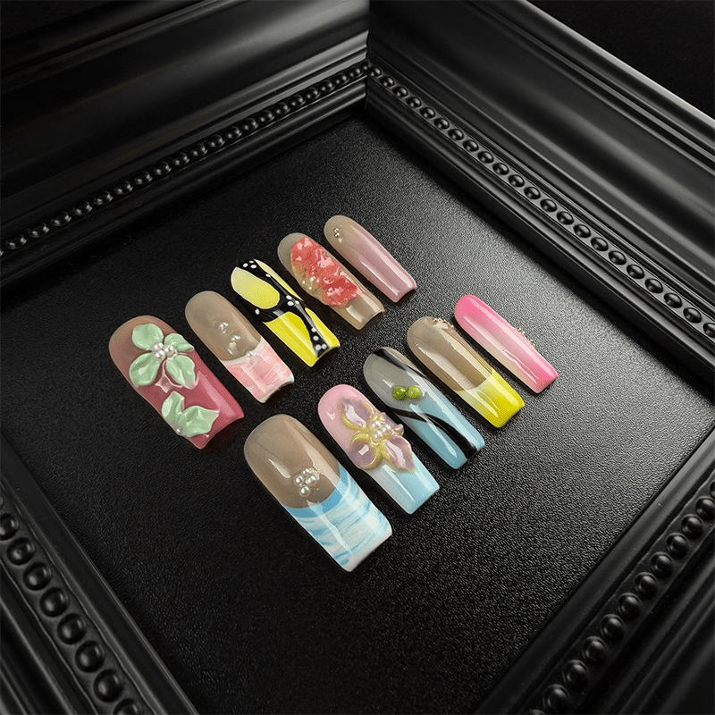 17 - Noah-UlightColorful abstract square press on nails with marble and pearl details