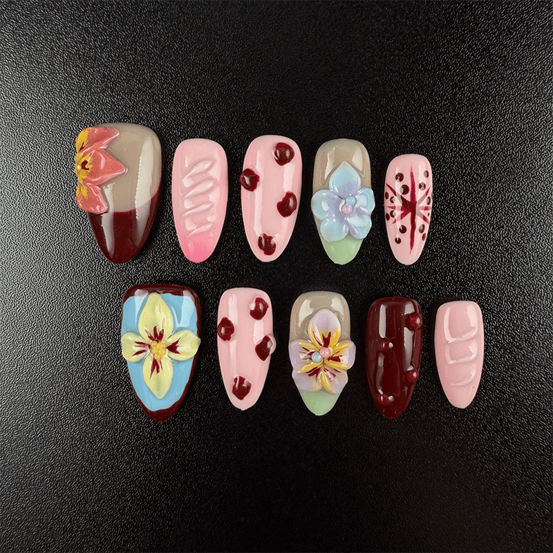23 - Noah-UlightCherry floral almond press on nails with colorful 3D flowers