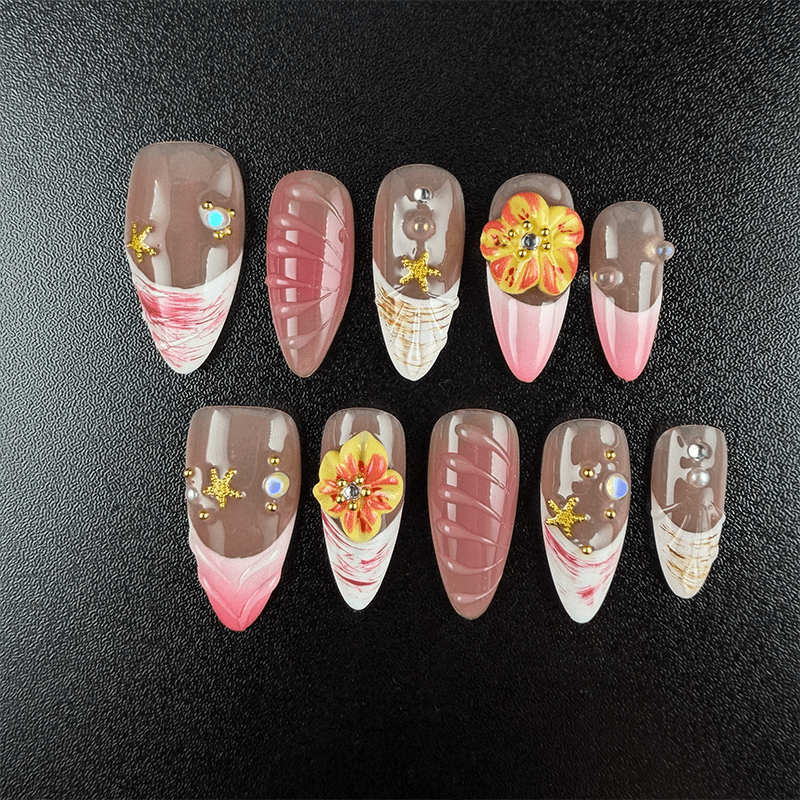 26 - Noah-UlightCherry floral almond press on nails with colorful 3D flowers