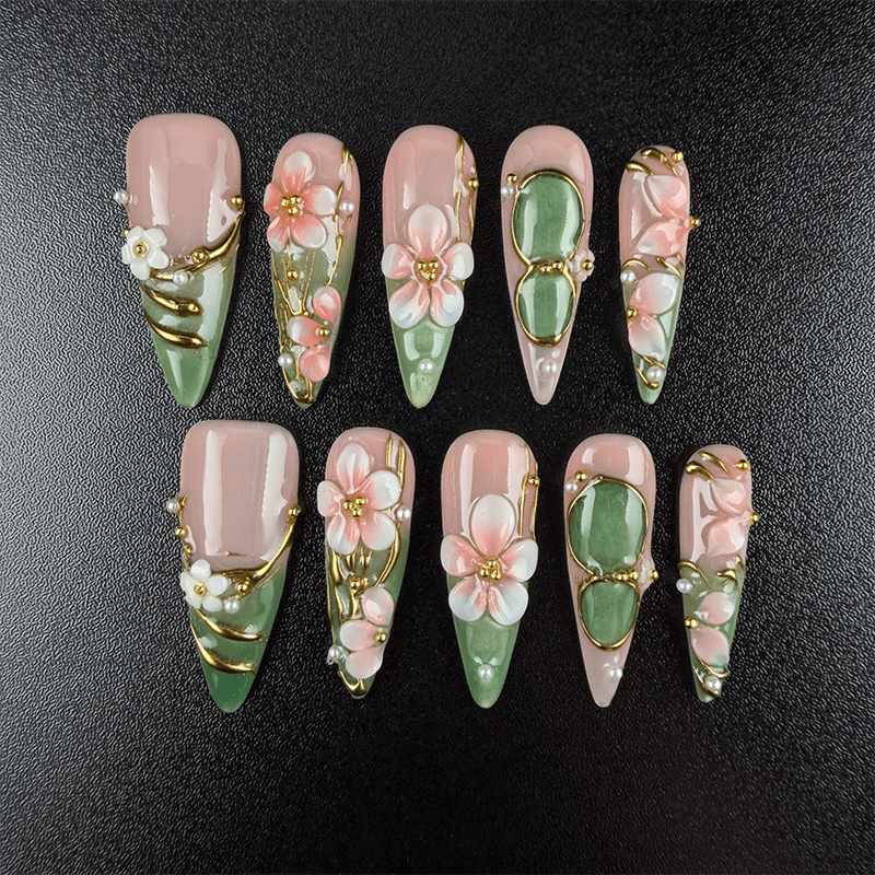 32 - Noah-UlightPink sage green ombre press on nails with 3D cherry blossoms and jade accents