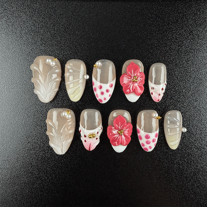 39 - Noah-UlightPink polka dot almond press on nails with red 3D flowers and pearl accents