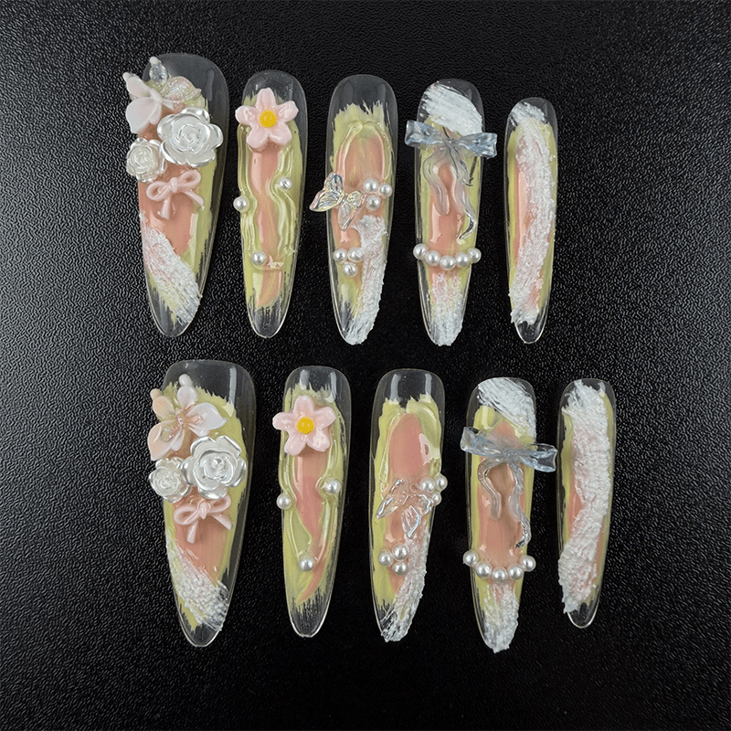 50 - Noah-UlightPastel floral stiletto press on nails with 3D flowers and silver charms