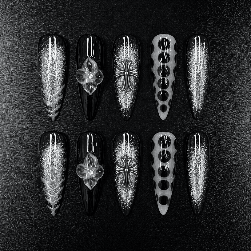 54 - Noah-UlightGothic black stiletto press on nails with silver glitter and cross charms