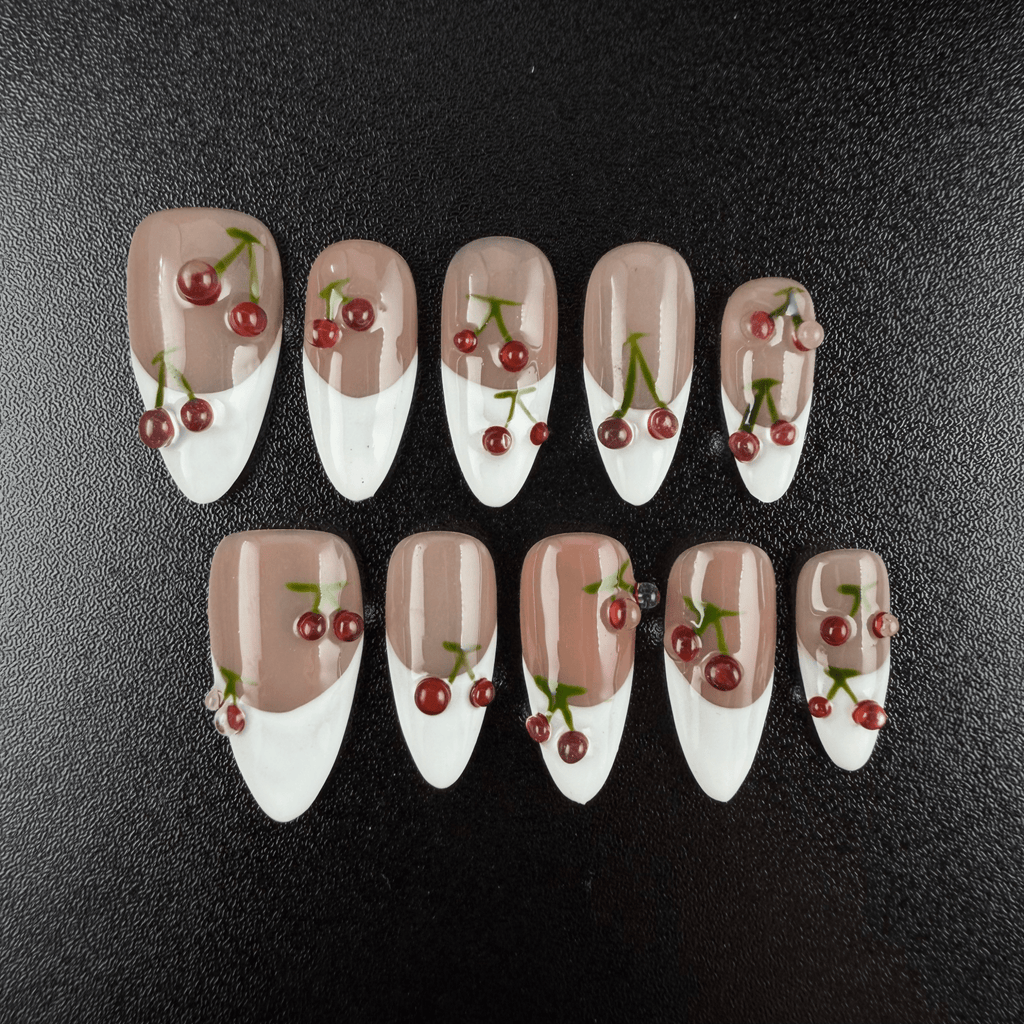 Almond French tip press on nails with 3D cherry decorations