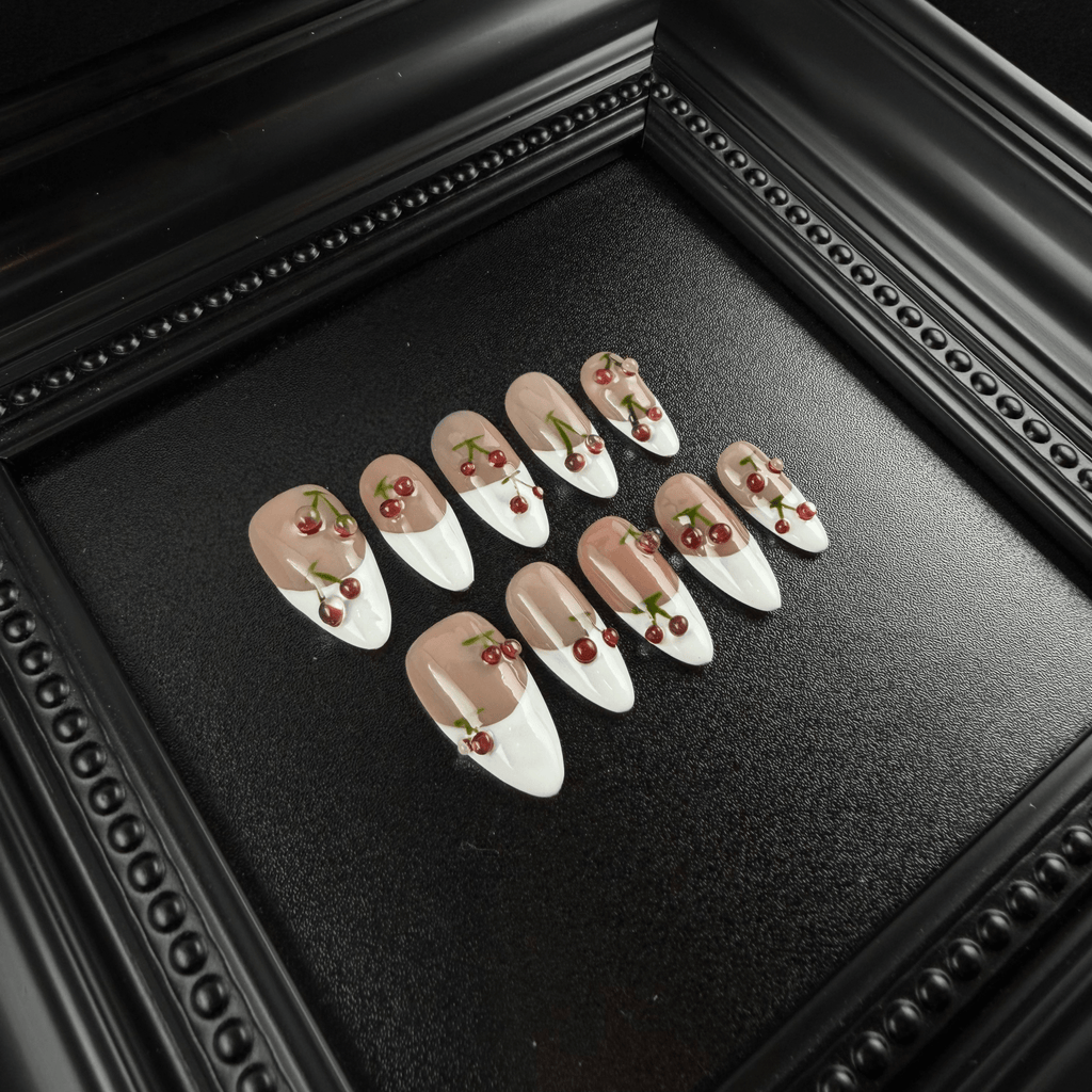 3D cherry bead details on almond press on nails