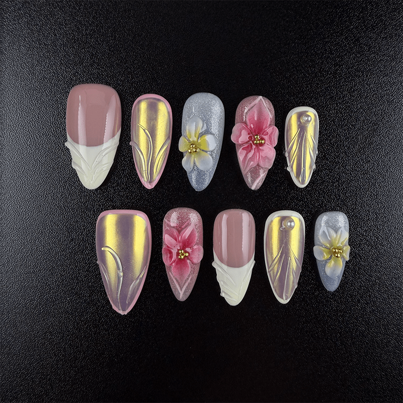 Aurora chrome almond press-on nails with pink flowers
