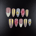 Aurora chrome almond press-on nails with pink flowers