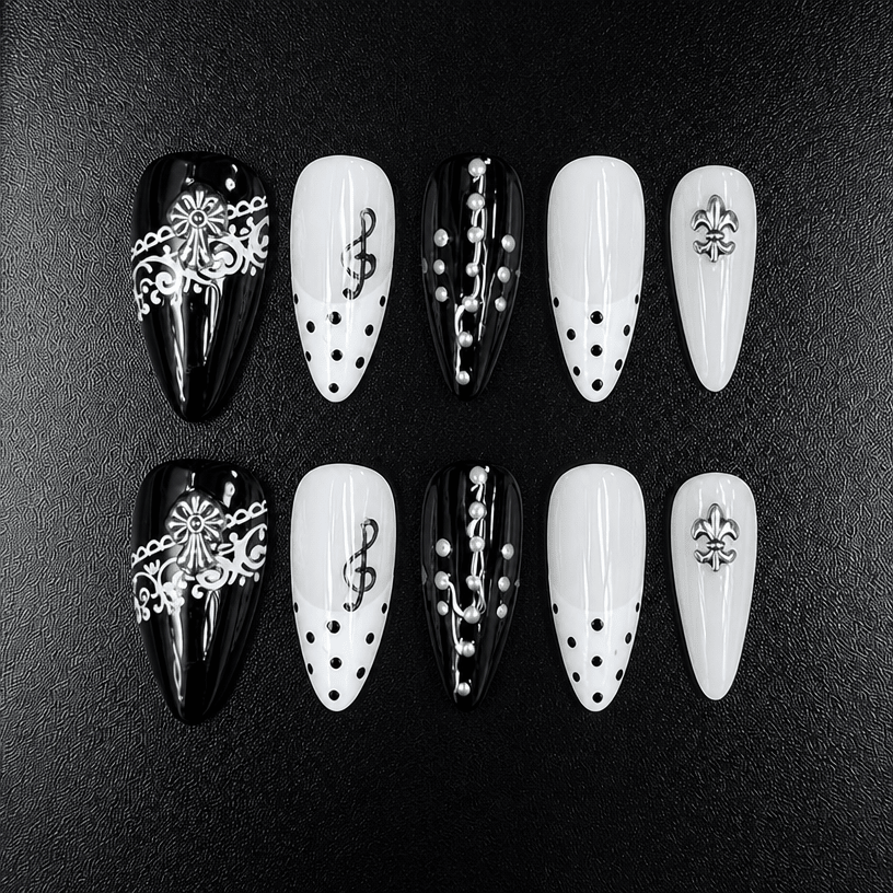 Black and white almond press-on nails with music note design