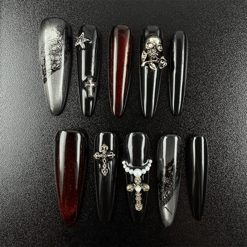 Black burgundy goth stiletto press-on nails with glitter gradient