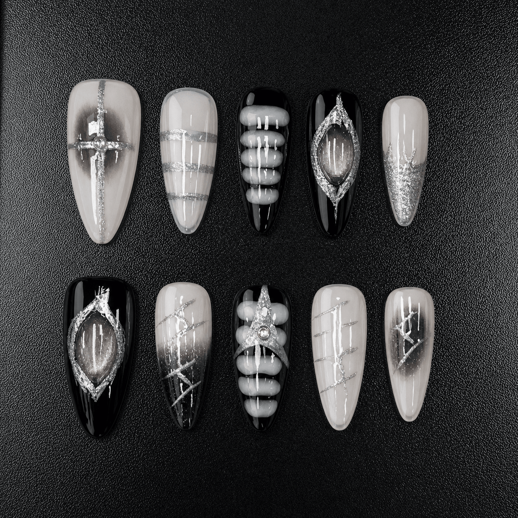 Black white silver gothic press-on nails with chrome details