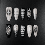 Black white silver gothic press-on nails with chrome details