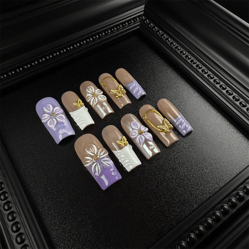 Lavender square nails with gold butterfly charms