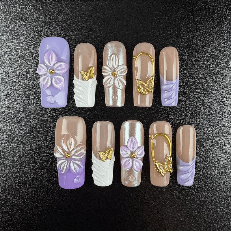 Lavender square press-on nails with purple floral details