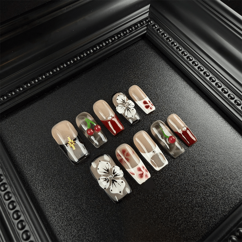 Red French tip long square press on nails with floral details