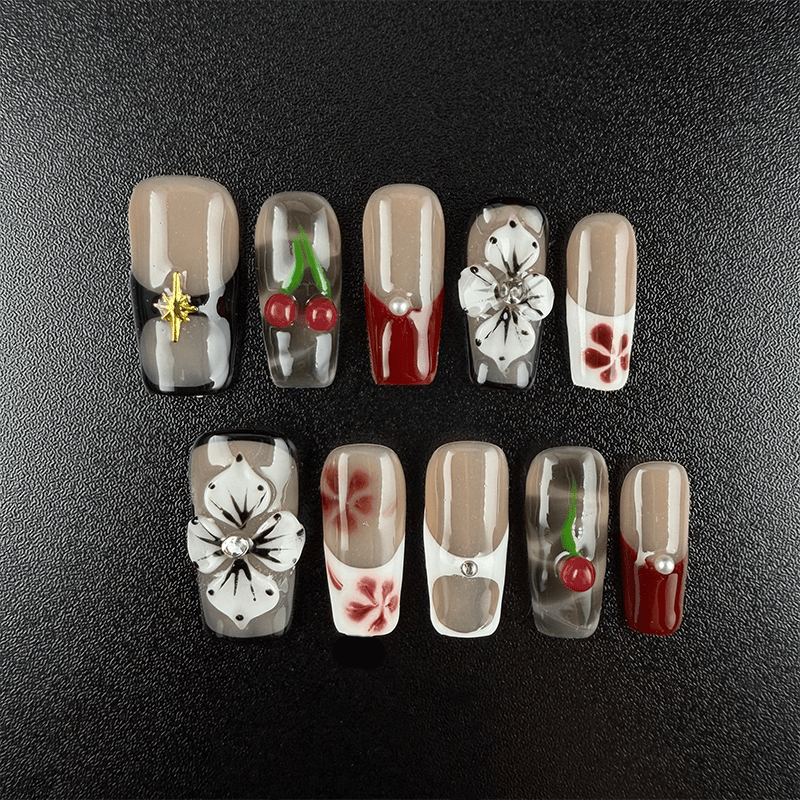 Long square mixed design press on nails with 3D cherry charms