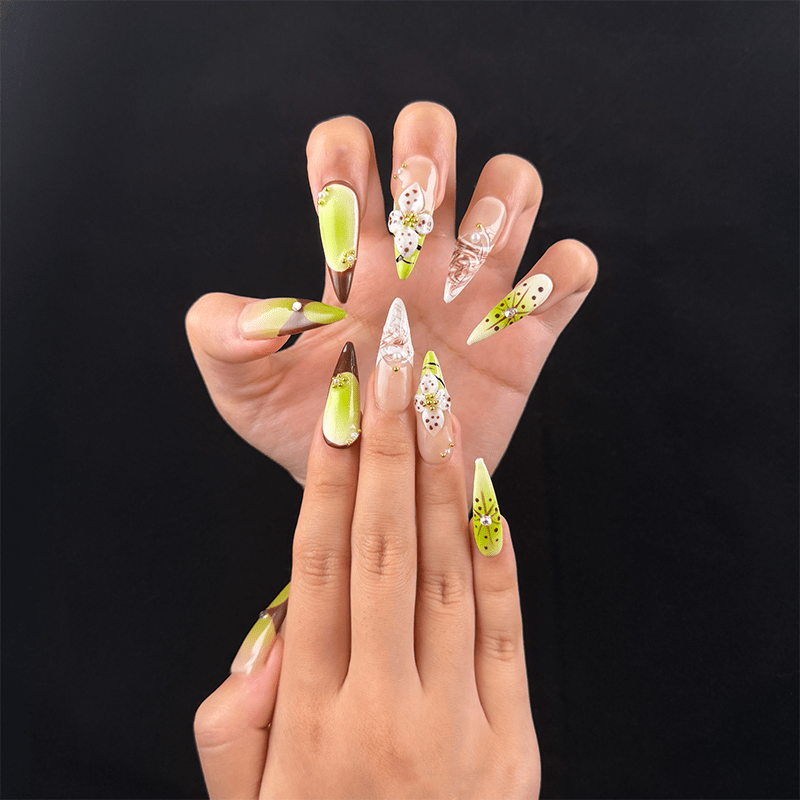Matcha green and coffee gradient stiletto press-on nails