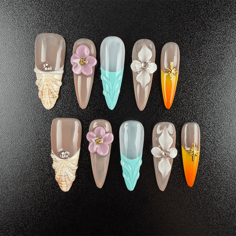 Mint green seashell press-on nails with floral details