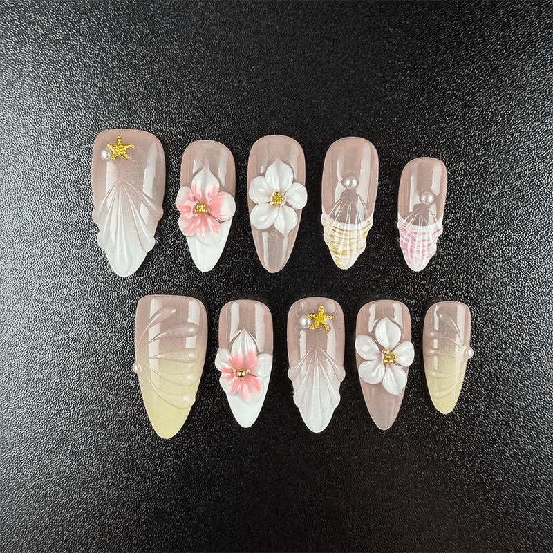 Nude gradient beach press-on nails with 3D flowers