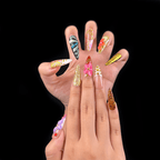 Long nude stiletto press-on nails on hand
