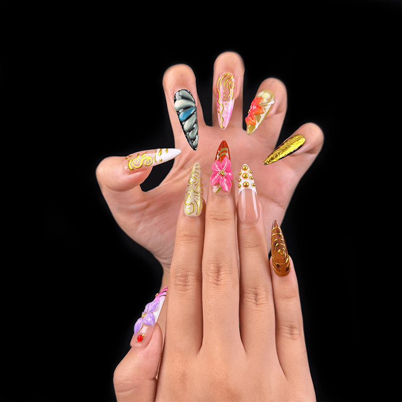 Long nude stiletto press-on nails on hand