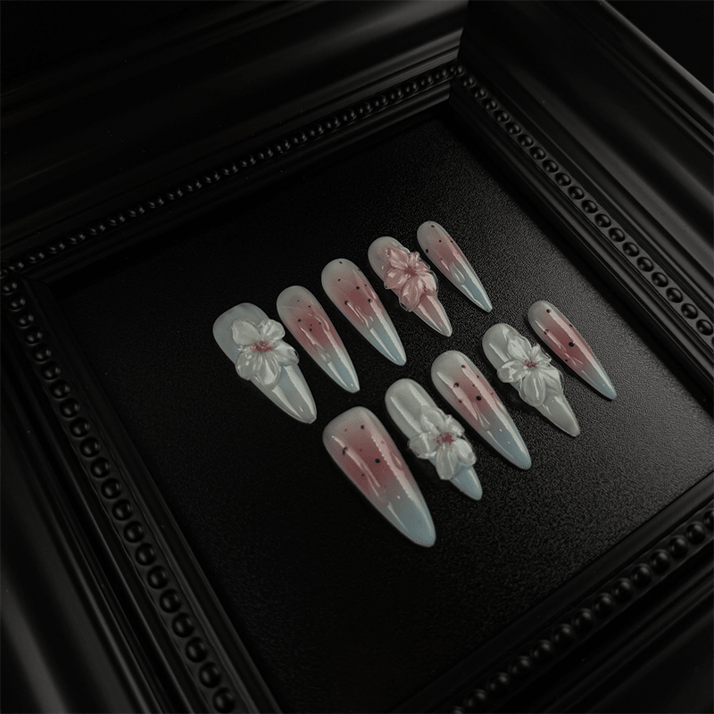 Pastel pink and blue cherry blossom press-on nails