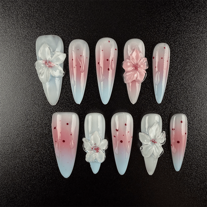Pink blue gradient press-on nails with cherry blossom design