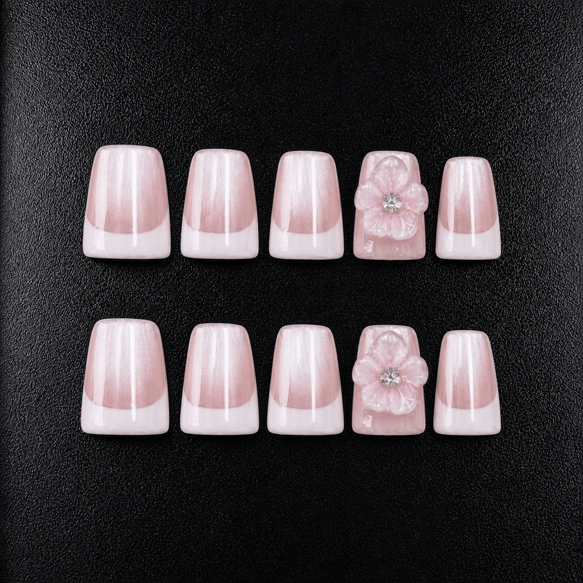 Pink flower press-on nails with 3D crystal accent
